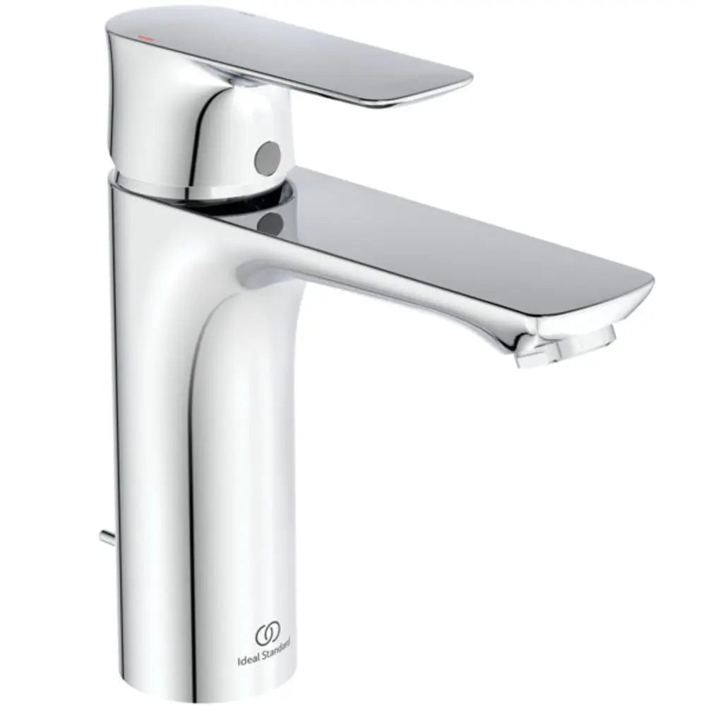 Chromfarbener einhebiger Wasserhahn mit flacher Bedienoberfläche, hergestellt von Ideal Standard, geeignet für moderne Waschbecken.